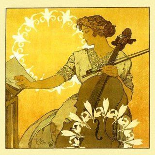 Lady Playing Cello Violoncello Music by Alphonse Mucha 12" X 12" Image Size Vintage Poster Reproduction on Matte Paper. Several More Sizes Available!   Prints