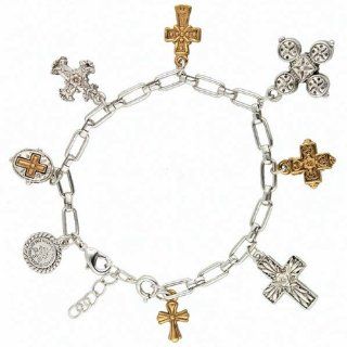 Vatican Two Tone Seven Cross Charm Bracelet: Jewelry