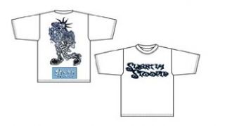 Slightly Stoopid White T Shirt   Blue & Black Logo on Front, Blue & Black Punk Rocker on the Back, Size Small: Clothing