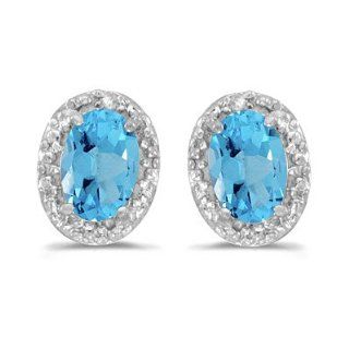 Natural Oval Blue Topaz and Diamond Earrings 14K White Gold (1.10ct) Studs: Jewelry