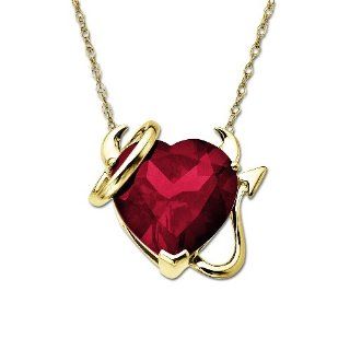 10k Yellow Gold Heart Shaped Lab Created Ruby Heart Devil and Halo Pendant Necklace, 18": Jewelry
