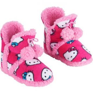 Hello Kitty Face Pink Kids Boot Slippers with Pink Pom Poms (Kids   Small (11/12)): Clothing
