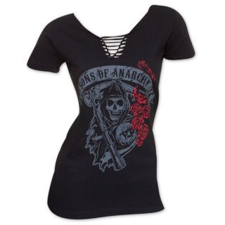 Womens Sons Of Anarchy Lace Up Roses T Shirt   17552593  