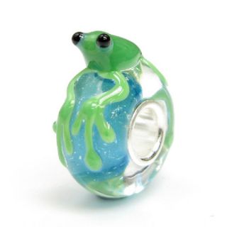 Queenberry Sterling Silver Green Leaping Frog Blue Glass European Bead