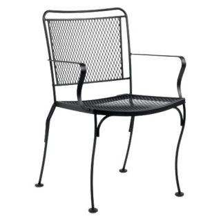 Woodard Constantine Wrought Iron Dining Arm Chair with Optional Cushion   Stackable   Outdoor Dining Chairs
