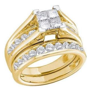 14K Yellow Gold 1.00ctw Glamorous Invisible Diamond Princess Bridal Set Ring