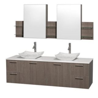 Wyndham Collection Amare 72 in. Double Vanity in Grey Oak with Man Made Stone Vanity Top in White and Carrara Marble Sinks WCR410072GOWHGS3MCDB
