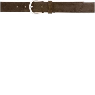 Cushioned suede belt in dark brown. Silver tone pin buckle closure