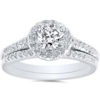 3/4ct Diamond Halo Wedding Engagement Ring Set 10K White Gold