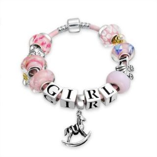 Bling Jewelry Its a Girl 925 Silver Leather Glass Leather Charm Bracelet