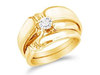 10K Yellow Gold Diamond Trio 3 Three Ring Matching Engagement Wedding Ring Band Set   Solitaire Setting w/ Round Diamonds   (.09 cttw, G H, SI2)   SEE "OVERVIEW" TO CHOOSE BOTH SIZES