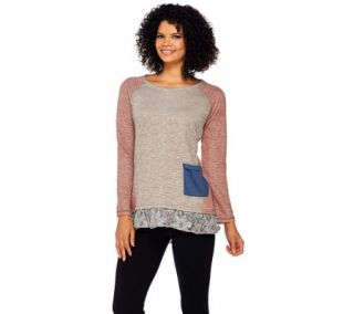 As Is LOGO by Lori Goldstein Slub Terry Color Block Top with Lace Trim —