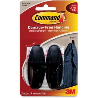 Command Medium Designer Adhesive Hooks   3 lb (1.36 kg) Capacity   Plastic Material   Black Color   2 / Pack