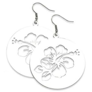 Stainless Steel Polished Hibiscus Cutout Earrings (2.6IN x 1.9IN )