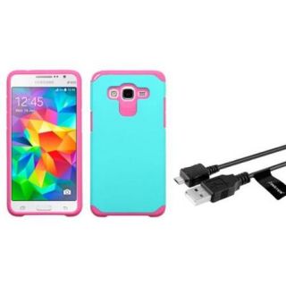 Insten Hard Hybrid Rubber Coated Silicone Case For Samsung Galaxy Grand Prime   Teal/Pink (+ Micro USB cable)