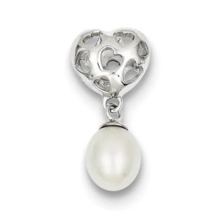 Sterling Silver Rhodium Plated Heart White Freshwater Cultured Pearl Slide