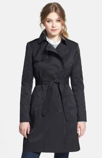 T Tahari Mulberry Ruffle Trim Double Breasted Trench Coat