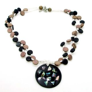 Abalone Collage Medallion Natural Wood Strands Necklace (Philippines