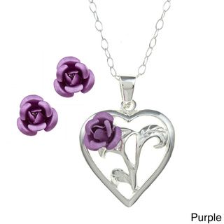 Sunstone Sterling Silver Heart and Purple Rose Jewelry Set  