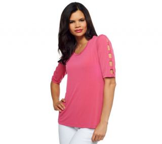 Susan Graver Liquid Knit Scoop Neck Top with Split Sleeve Detail —