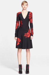 Alexander McQueen Floral Knit Long Sleeve V Neck Dress