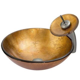 Vigo Glass Vessel Sink in Liquid Gold with Waterfall Faucet Set in Brushed Nickel VGT019BNRND