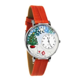 Whimsical Womens Christmas Tree Theme Red Leather Strap Watch
