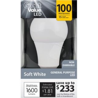 Great Value LED Light Bulb 15W (100W Equivalent) A19 (E26), Soft White
