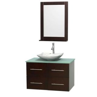 Wyndham Collection Centra 36 in. Vanity in Espresso with Glass Vanity Top in Green, Carrara White Marble Sink and 24 in. Mirror WCVW00936SESGGGS6M24