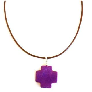 Every Morning Design Purple Turquoise Cross On Leather Necklace