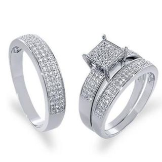 His and Hers 3 Pieces 925 Sterling Silver & CZ Engagement Wedding Three Ring Set