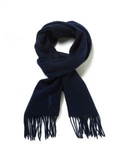 Wool Embroidered Logo Fringed Scarf by Yves Saint Laurent
