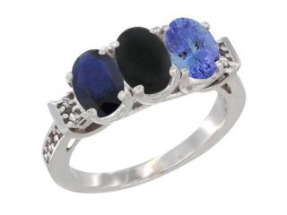 14K White Gold Natural Blue Sapphire, Black Onyx & Tanzanite Ring 3 Stone Oval 7x5 mm Diamond Accent, sizes 5   10