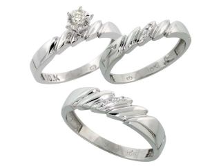 10k White Gold Diamond Trio Wedding Ring Set His 5mm & Hers 4mm, Men's Size 8 to 14