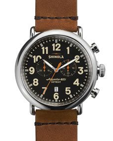 Shinola 47mm Runwell Chronograph Mens Watch, Black/Tan