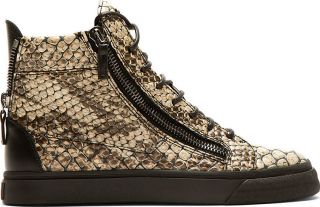Giuseppe Zanotti: Beige Snakeskin Embossed High Top Sneakers