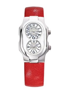 Womens Small Red Calf Leather & Mother Of Pearl Watch by Philip Stein