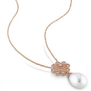 10K Rose Gold 9 9.5mm Cultured Freshwater Pearl and Diamond Accented Pendant wi   7665417