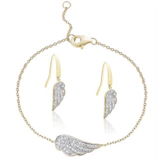 Finesque Gold over Silver Diamond Accent Feather Bracelet and Earrings
