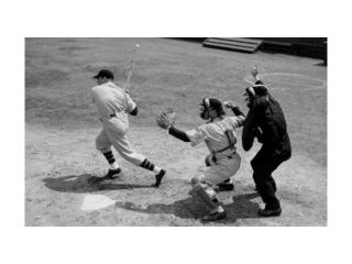 Baseball player swinging a baseball bat with a baseball catcher and a baseball umpire standing beside him Poster Print
