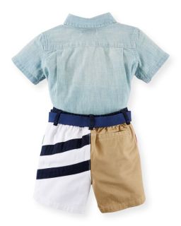Ralph Lauren Childrenswear Chambray Shirt & Cotton Shorts Set, Blue/Multicolor, Size 6 24 Months