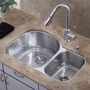 Kraus KBU21 KPF2110 SD20 30 inch Undermount Double Bowl Stainless Steel Kitchen Sink with Kitchen Faucet and Soap Dispenser
