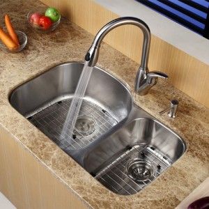 Kraus KBU23 KPF2120 SD20 32 inch Undermount Double Bowl Stainless Steel Kitchen Sink with Kitchen Faucet and Soap Dispenser