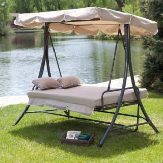 Coral Coast Lazy Caye 3 Person All Weather Swing Chair and Bed with Toss Pillows   Cappuccino