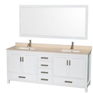Wyndham Collection Sheffield 80 in. Double Vanity in White with Marble Vanity Top in Ivory and 70 in. Mirror WCS141480DWHIVUNSM70