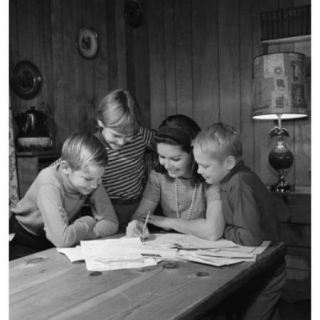 Mother with sons doing homework Poster Print (18 x 24)