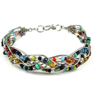 Woven Silverplated Wire and Colorful Bead Bracelet (Kenya)  