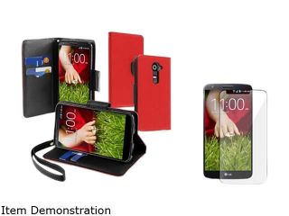 Insten Black/Red Stand Leather Case with Card Slot / Lanyard and Reusable Screen Protector Compatible with LG G2 1761211