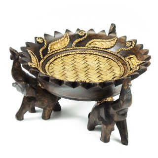 Elephant Leaves Carved Rain Tree Circular Wooden Tray (Thailand