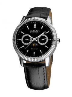 Mens Silver & Black Leather Watch by August Steiner